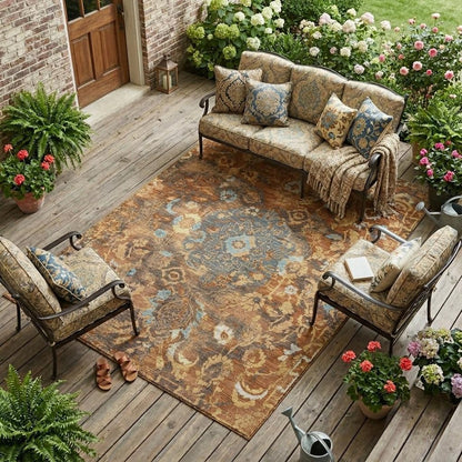 8' X 10' Orange And Rust Floral Washable Indoor Outdoor Area Rug