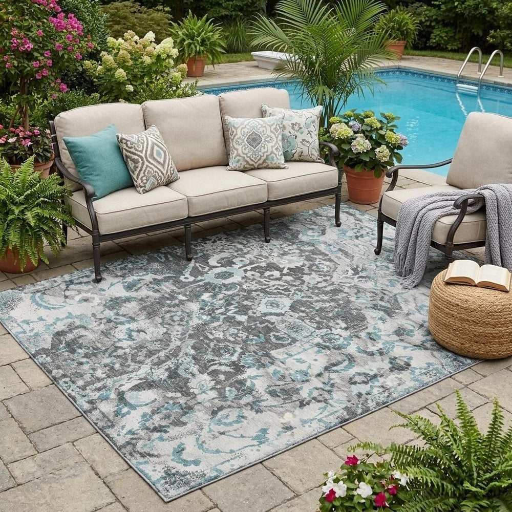 5' X 8' Silver And Gray Floral Washable Indoor Outdoor Area Rug HomeRoots