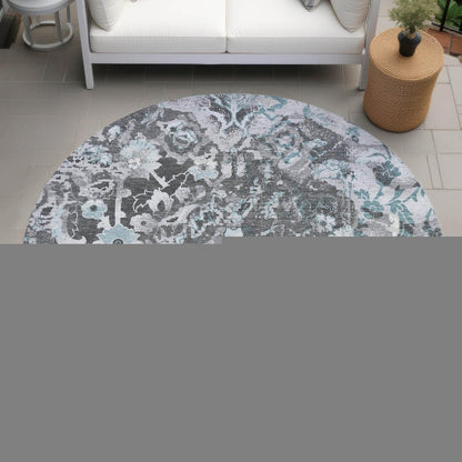 8' Silver And Gray Round Floral Washable Indoor Outdoor Area Rug HomeRoots