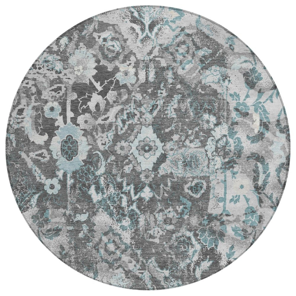 8' Silver And Gray Round Floral Washable Indoor Outdoor Area Rug — view 1