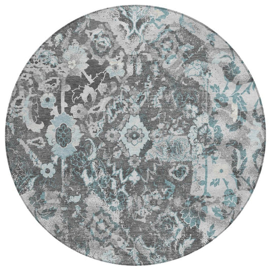 8' Silver And Gray Round Floral Washable Indoor Outdoor Area Rug
