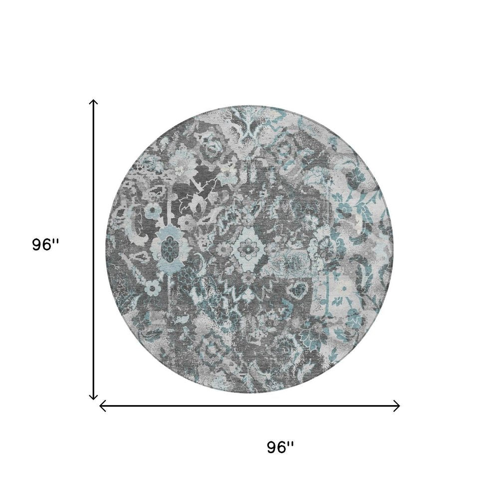 8' Silver And Gray Round Floral Washable Indoor Outdoor Area Rug — view 6