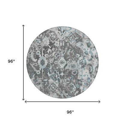 8' Silver And Gray Round Floral Washable Indoor Outdoor Area Rug HomeRoots