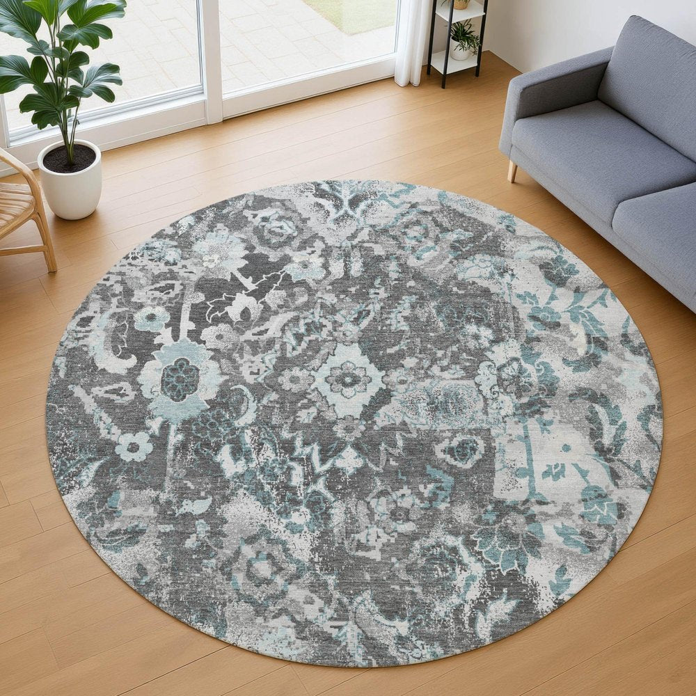 8' Silver And Gray Round Floral Washable Indoor Outdoor Area Rug HomeRoots