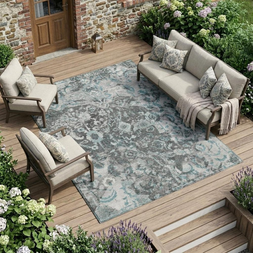 10' X 14' Silver And Gray Floral Washable Indoor Outdoor Area Rug — view 5