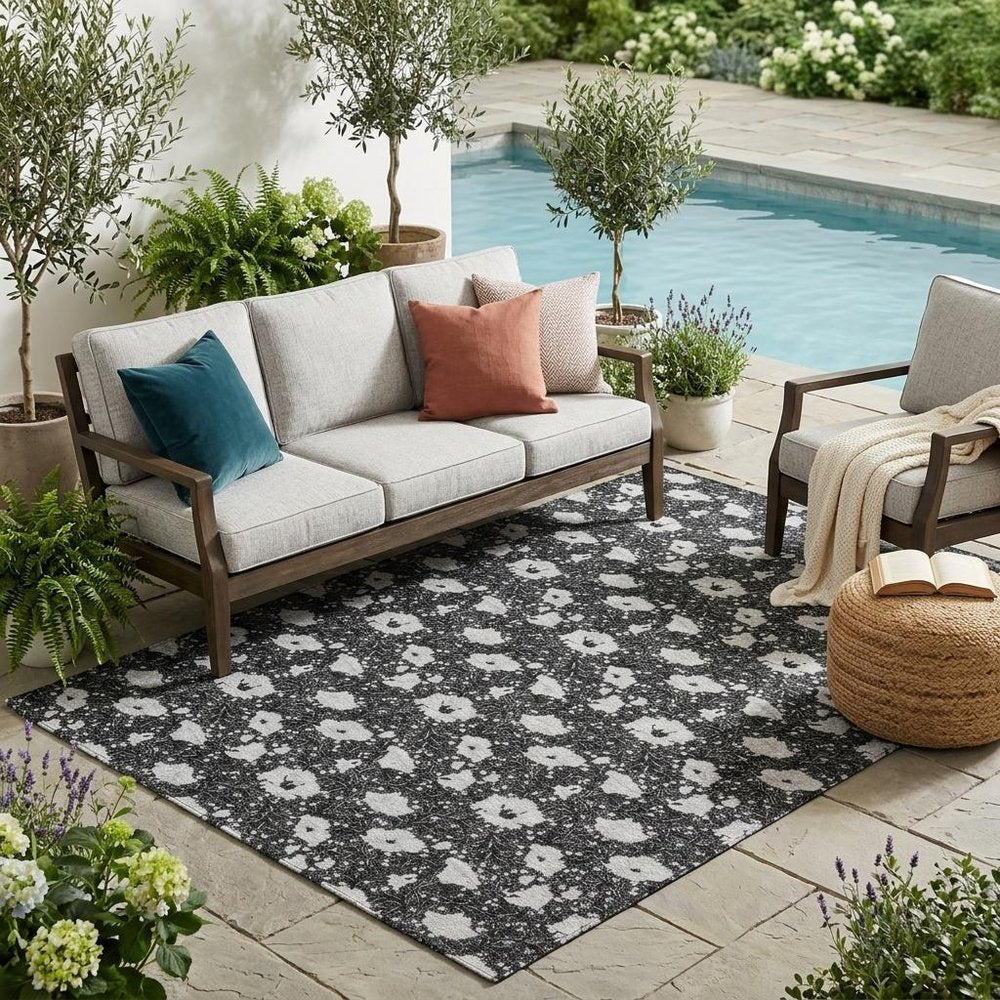 5' X 8' Black And Graphite Floral Washable Indoor Outdoor Area Rug HomeRoots