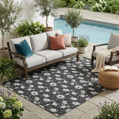 5' X 8' Black And Graphite Floral Washable Indoor Outdoor Area Rug HomeRoots