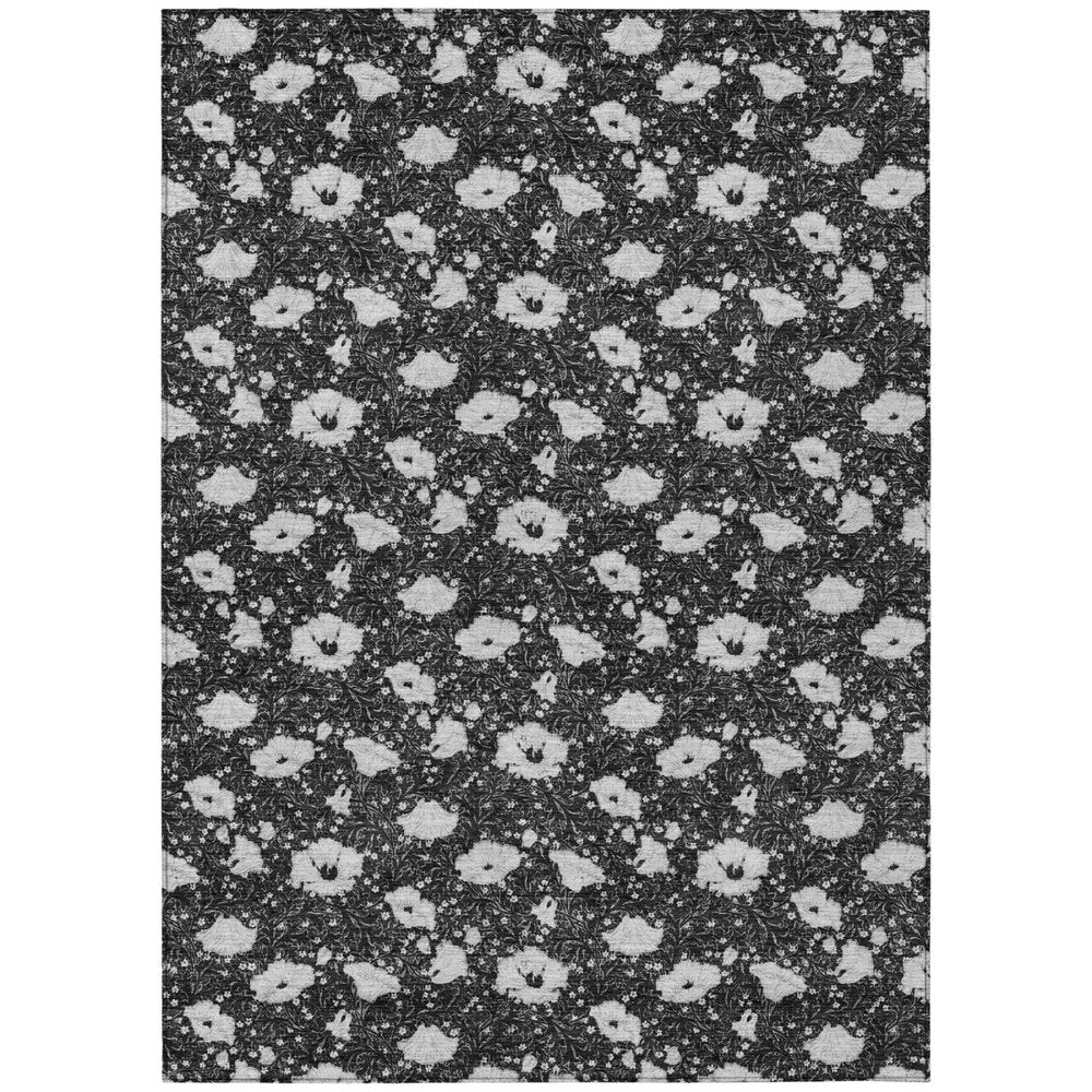 10' X 14' Black And Graphite Floral Washable Indoor Outdoor Area Rug — view 1