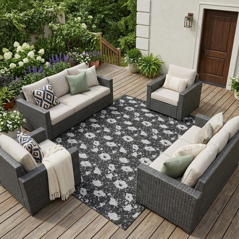 10' X 14' Black And Graphite Floral Washable Indoor Outdoor Area Rug HomeRoots
