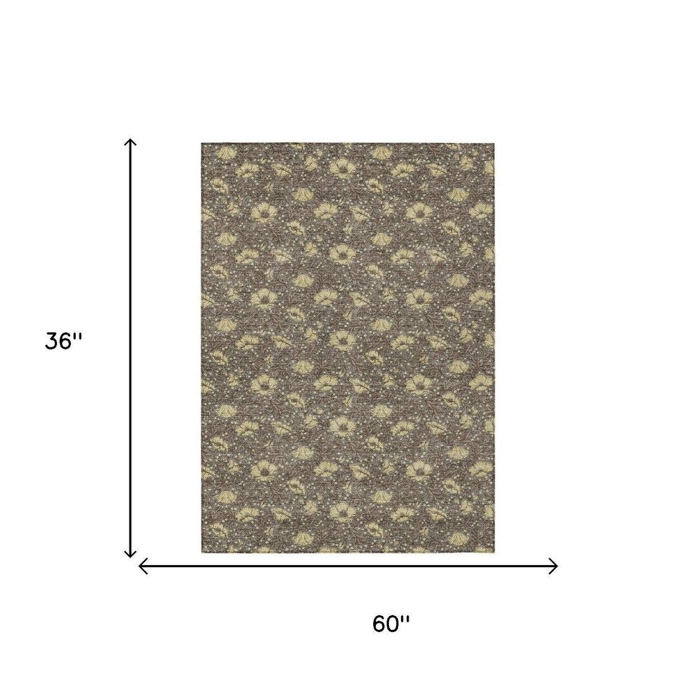 3' X 5' Brown And Coffee Floral Washable Indoor Outdoor Area Rug HomeRoots