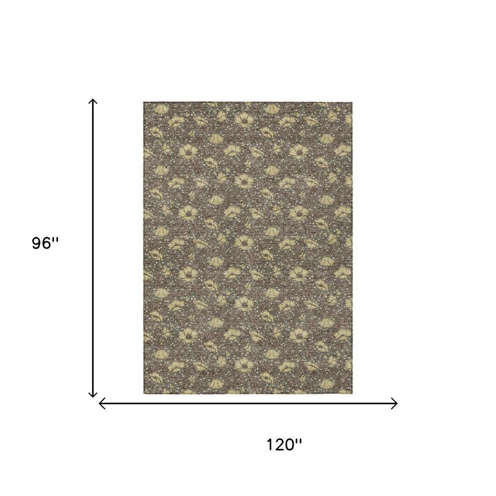 8' X 10' Brown And Coffee Floral Washable Indoor Outdoor Area Rug — view 4