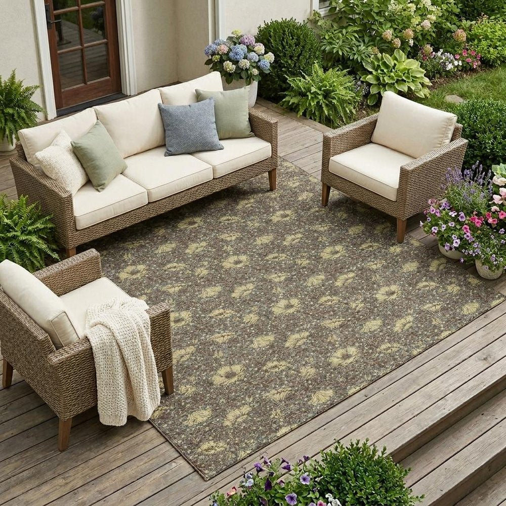 8' X 10' Brown And Coffee Floral Washable Indoor Outdoor Area Rug — view 5