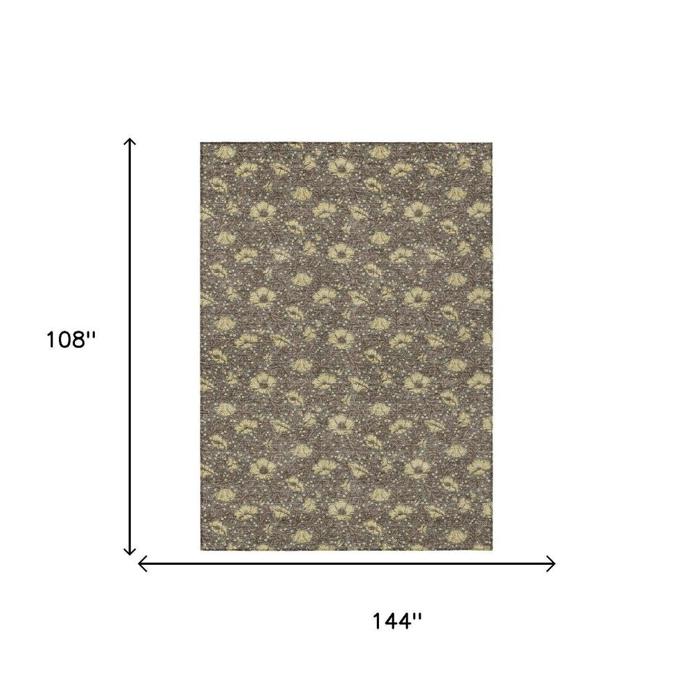 9' X 12' Brown And Coffee Floral Washable Indoor Outdoor Area Rug