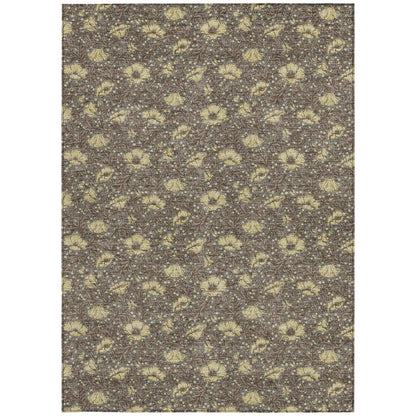 9' X 12' Brown And Coffee Floral Washable Indoor Outdoor Area Rug