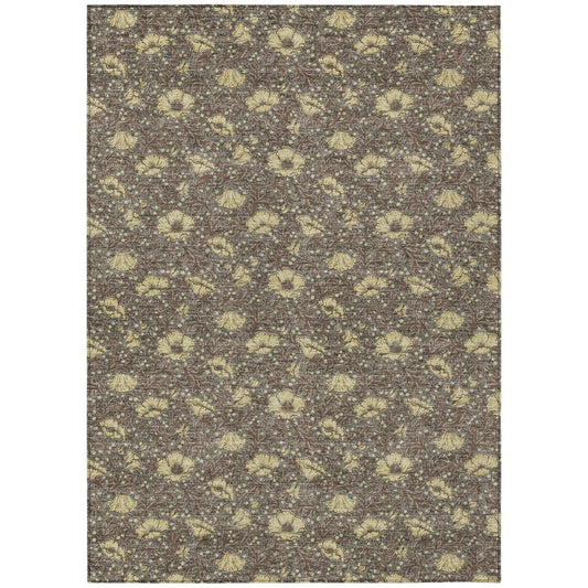 9' X 12' Brown And Coffee Floral Washable Indoor Outdoor Area Rug