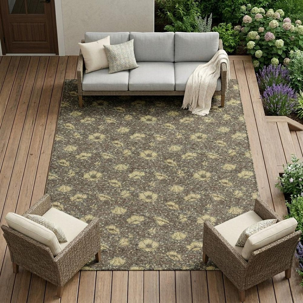 10' X 14' Brown And Coffee Floral Washable Indoor Outdoor Area Rug