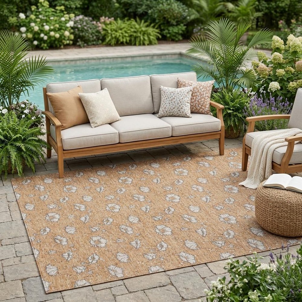 5' X 8' Copper And Orange Floral Washable Indoor Outdoor Area Rug — view 5