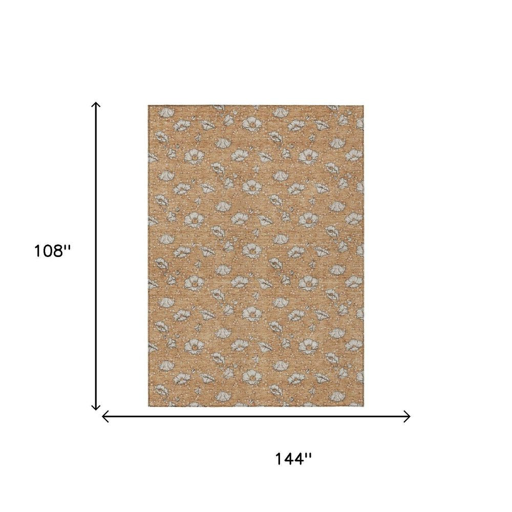 9' X 12' Copper And Orange Floral Washable Indoor Outdoor Area Rug — view 9