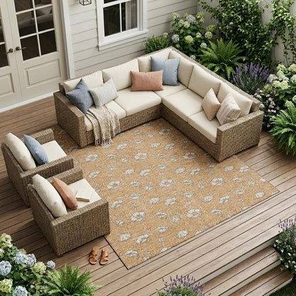 9' X 12' Copper And Orange Floral Washable Indoor Outdoor Area Rug HomeRoots