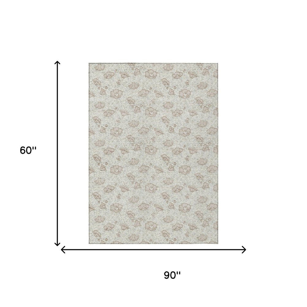 5' X 8' Ivory And Pearl Floral Washable Indoor Outdoor Area Rug — view 4