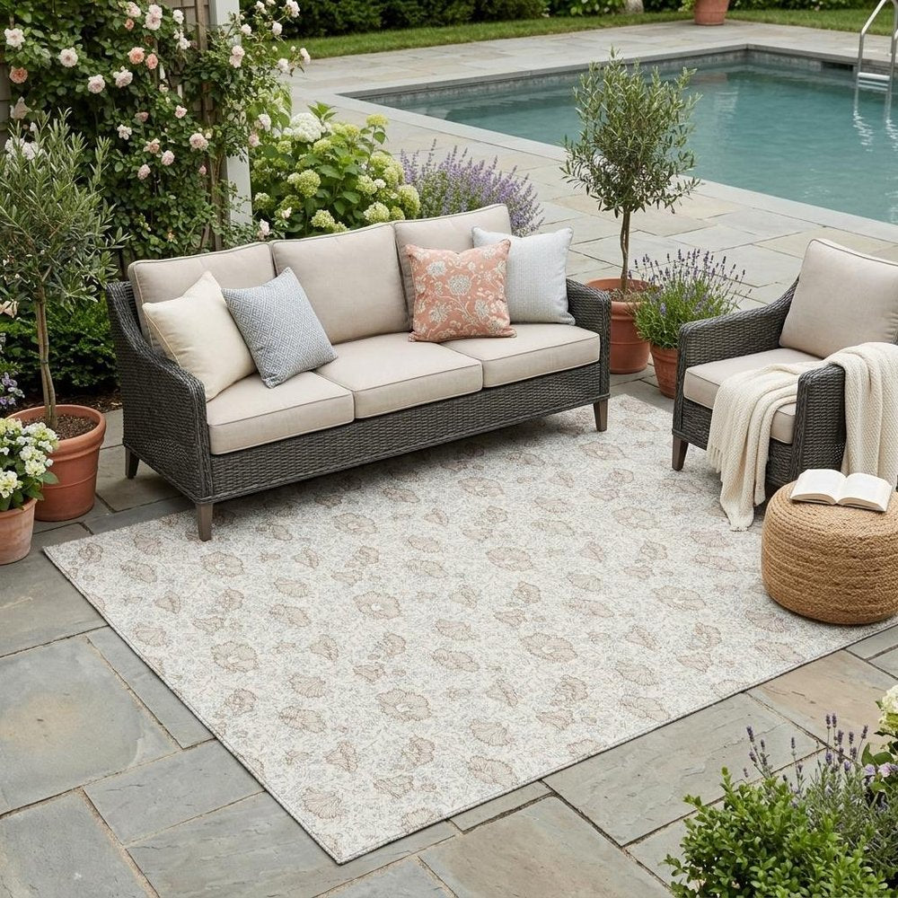 5' X 8' Ivory And Pearl Floral Washable Indoor Outdoor Area Rug — view 5