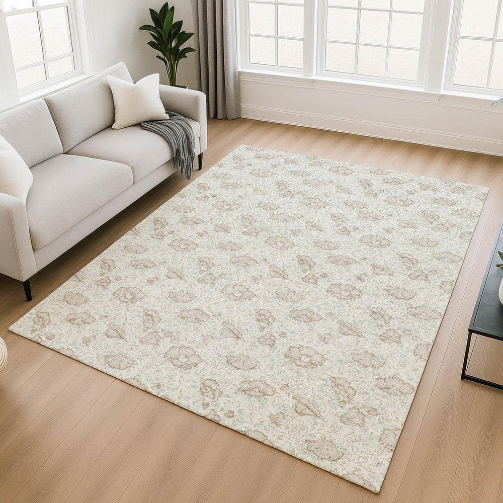 8' X 10' Ivory And Pearl Floral Washable Indoor Outdoor Area Rug — view 5