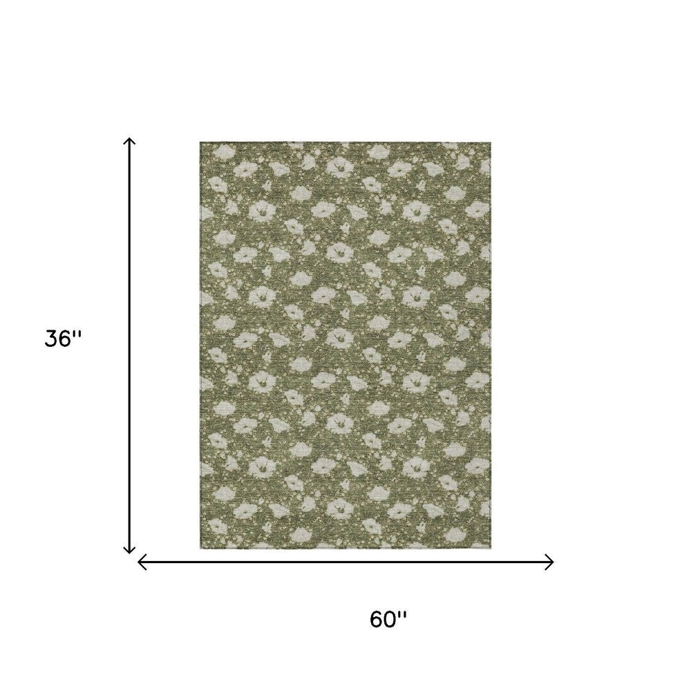 3' X 5' Olive Green And Green Floral Washable Indoor Outdoor Area Rug HomeRoots