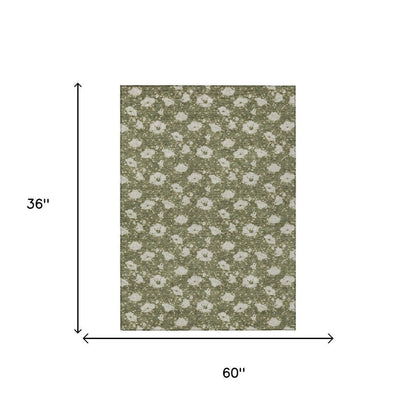 3' X 5' Olive Green And Green Floral Washable Indoor Outdoor Area Rug HomeRoots