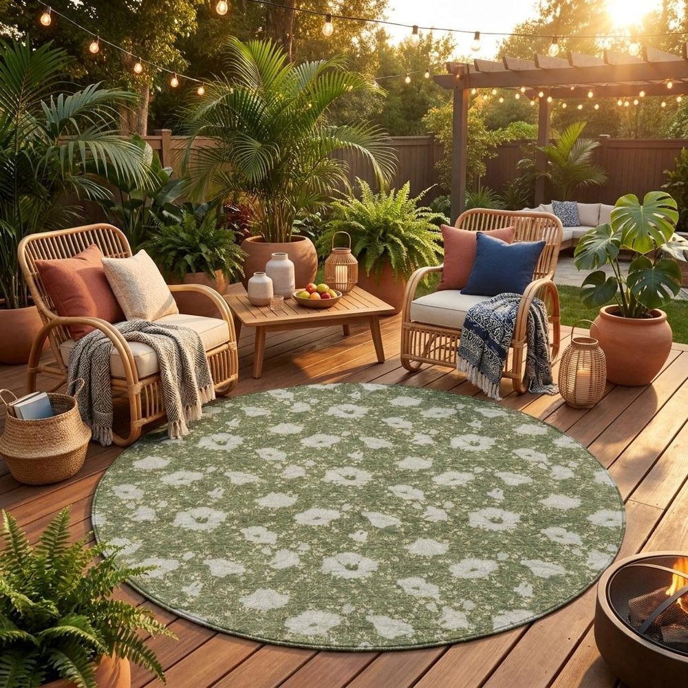 8' Olive Green And Green Round Floral Washable Indoor Outdoor Area Rug HomeRoots
