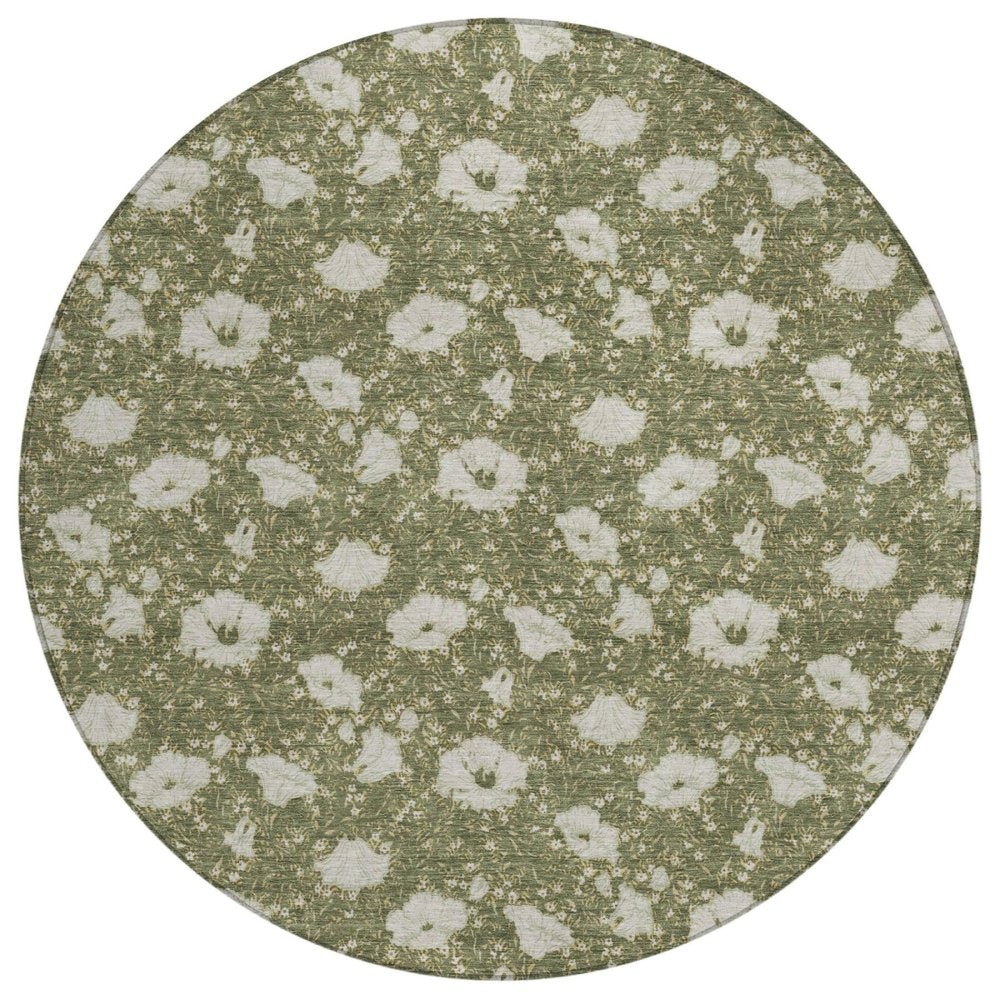 8' Olive Green And Green Round Floral Washable Indoor Outdoor Area Rug HomeRoots