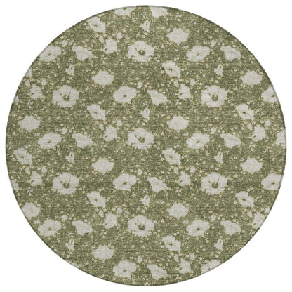 8' Olive Green And Green Round Floral Washable Indoor Outdoor Area Rug HomeRoots