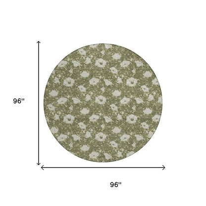 8' Olive Green And Green Round Floral Washable Indoor Outdoor Area Rug HomeRoots