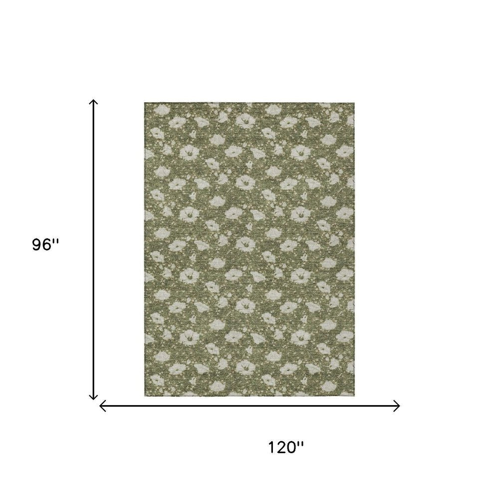 8' X 10' Olive Green And Green Floral Washable Indoor Outdoor Area Rug HomeRoots
