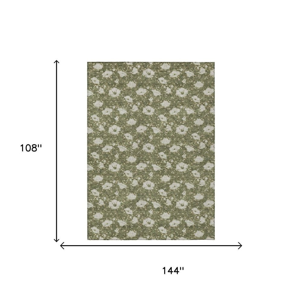 9' X 12' Olive Green And Green Floral Washable Indoor Outdoor Area Rug HomeRoots