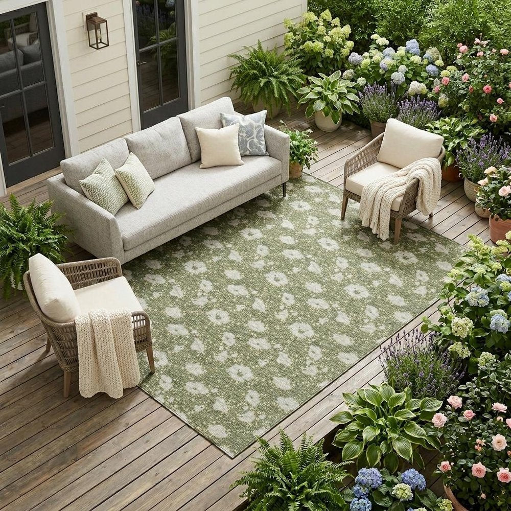 9' X 12' Olive Green And Green Floral Washable Indoor Outdoor Area Rug HomeRoots