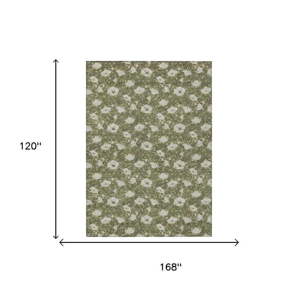 10' X 14' Olive Green And Green Floral Washable Indoor Outdoor Area Rug HomeRoots