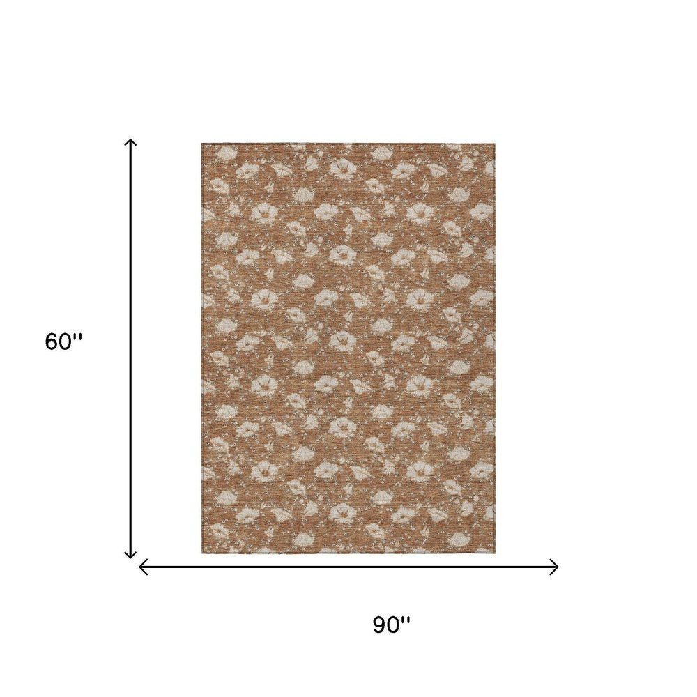 5' X 8' Rust And Orange Floral Washable Indoor Outdoor Area Rug HomeRoots