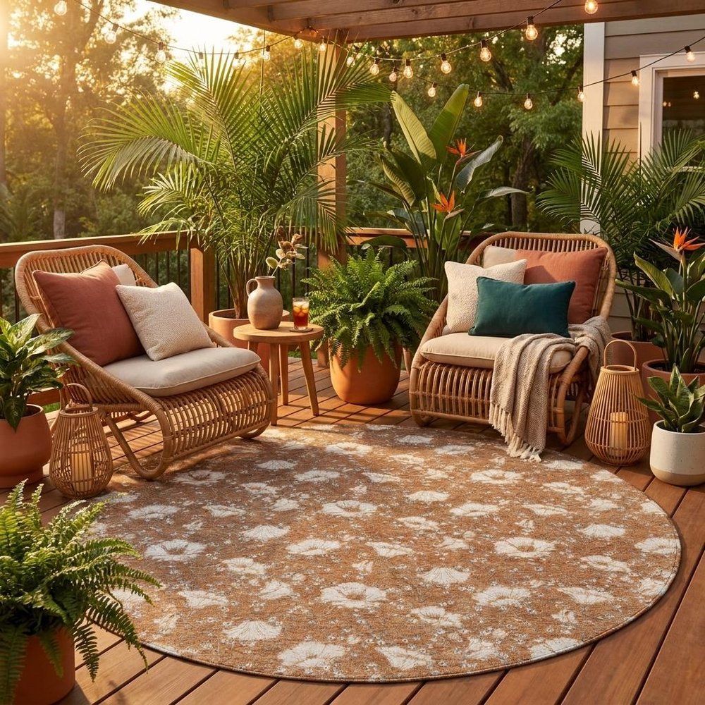 8' Rust And Orange Round Floral Washable Indoor Outdoor Area Rug HomeRoots