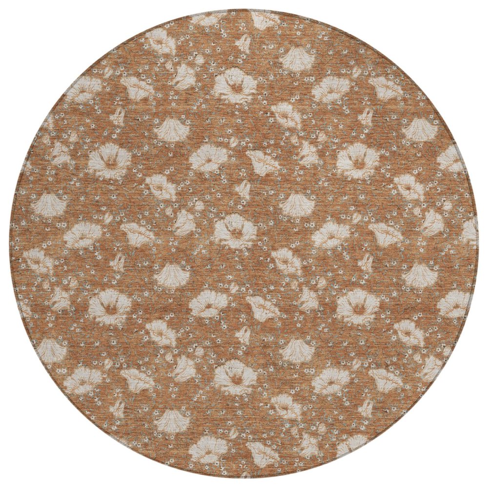 8' Rust And Orange Round Floral Washable Indoor Outdoor Area Rug HomeRoots