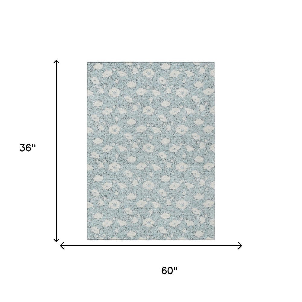 3' X 5' Sky Blue And Blue Floral Washable Indoor Outdoor Area Rug HomeRoots