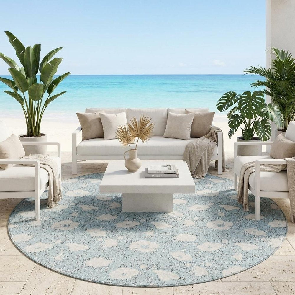 8' Sky Blue And Blue Round Floral Washable Indoor Outdoor Area Rug HomeRoots