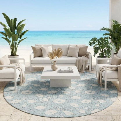 8' Sky Blue And Blue Round Floral Washable Indoor Outdoor Area Rug HomeRoots