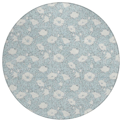 8' Sky Blue And Blue Round Floral Washable Indoor Outdoor Area Rug HomeRoots