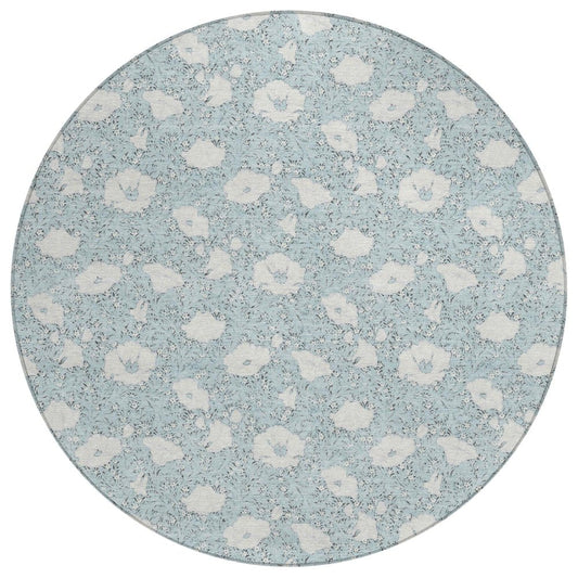 8' Sky Blue And Blue Round Floral Washable Indoor Outdoor Area Rug HomeRoots