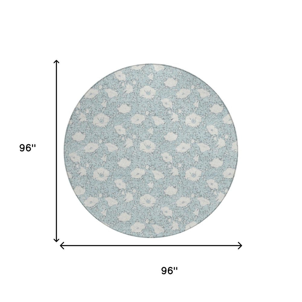 8' Sky Blue And Blue Round Floral Washable Indoor Outdoor Area Rug HomeRoots