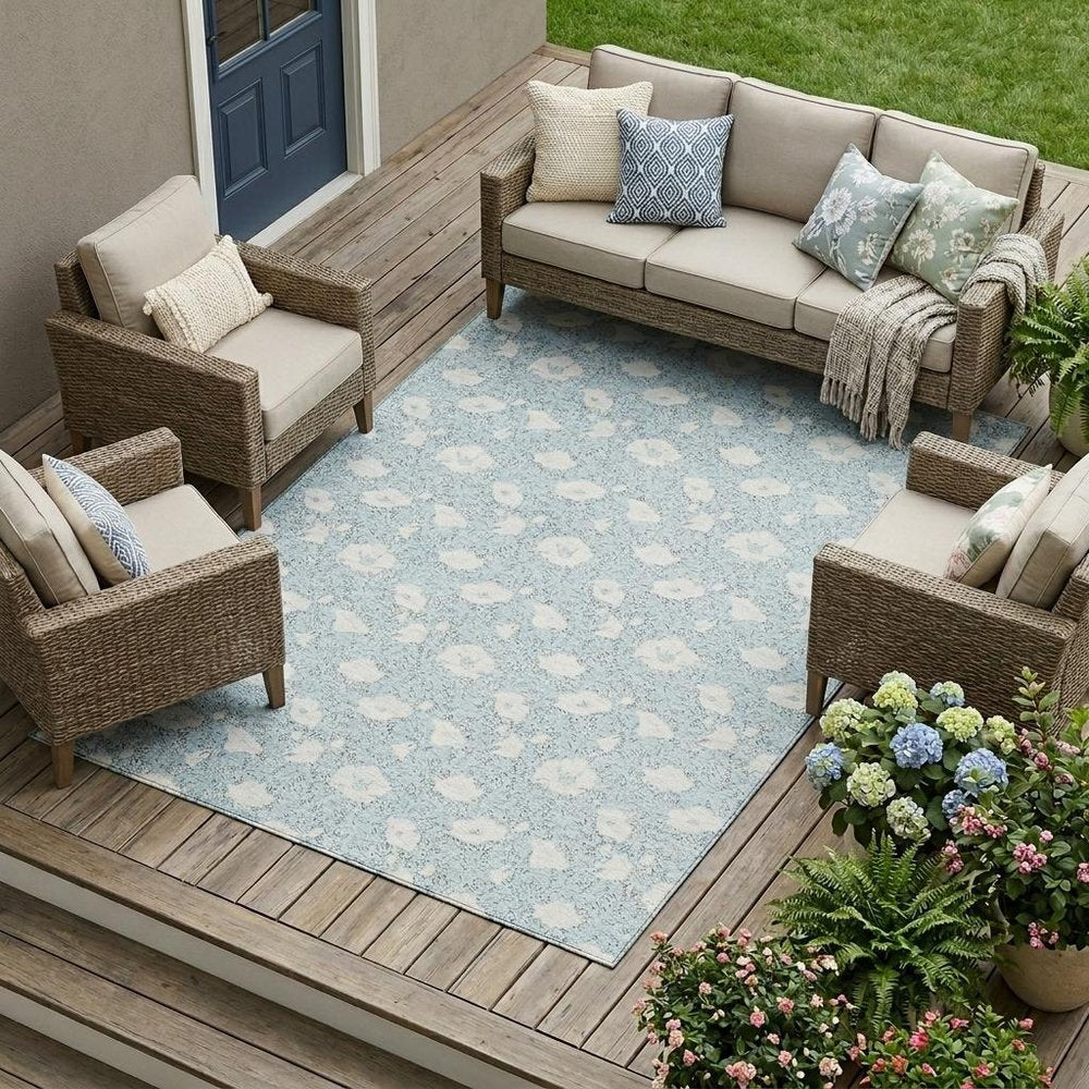 8' X 10' Sky Blue And Blue Floral Washable Indoor Outdoor Area Rug HomeRoots