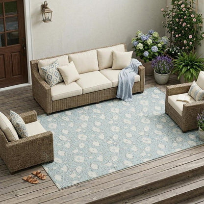 9' X 12' Sky Blue And Blue Floral Washable Indoor Outdoor Area Rug HomeRoots