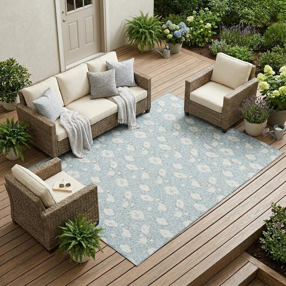 10' X 14' Sky Blue And Blue Floral Washable Indoor Outdoor Area Rug HomeRoots