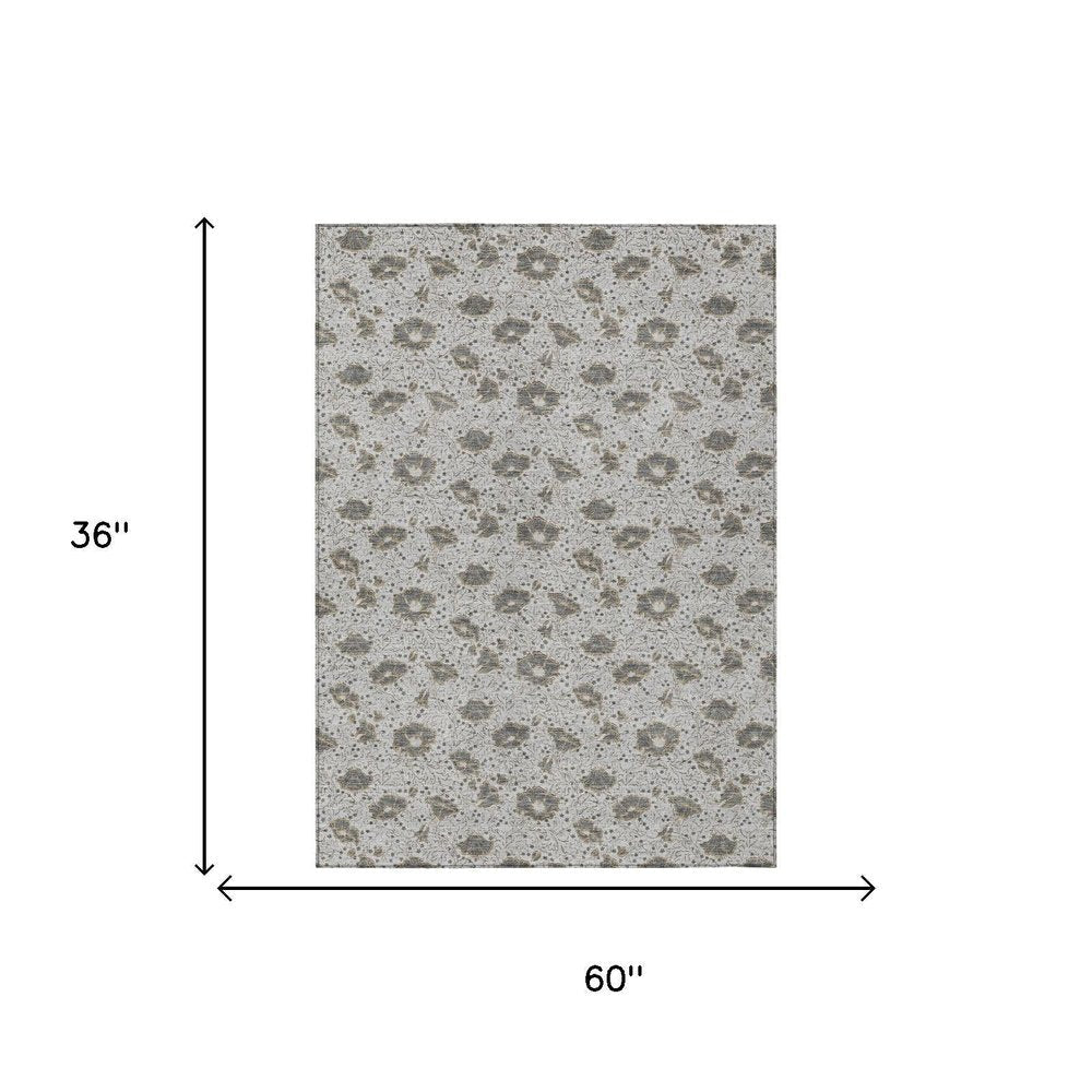 3' X 5' Silver And Gray Floral Washable Indoor Outdoor Area Rug HomeRoots