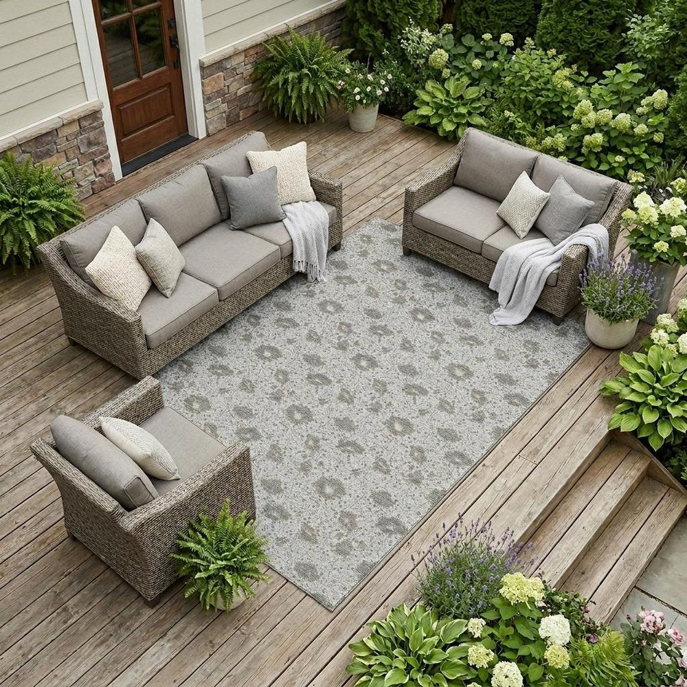 9' X 12' Silver And Gray Floral Washable Indoor Outdoor Area Rug HomeRoots